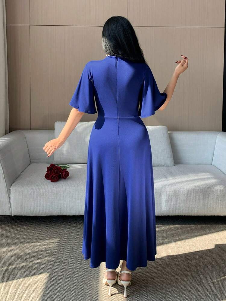 Women's Elegant Solid Color Holiday Midi Dress, Blue