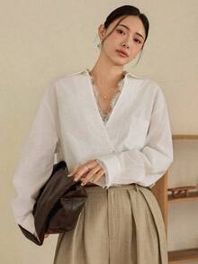 Dazy-Less 春夏蕾丝拼接长袖优雅休闲衬衫，适合约会、婚礼、通勤、商务休闲等场合。 - 米色 - 查看 6