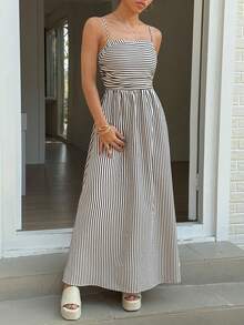 Pariaura Tall 女士长款A字连衣裙，细肩带，腰部褶皱设计，黑白条纹纹理面料，春夏款 - 彩色 - 查看 3