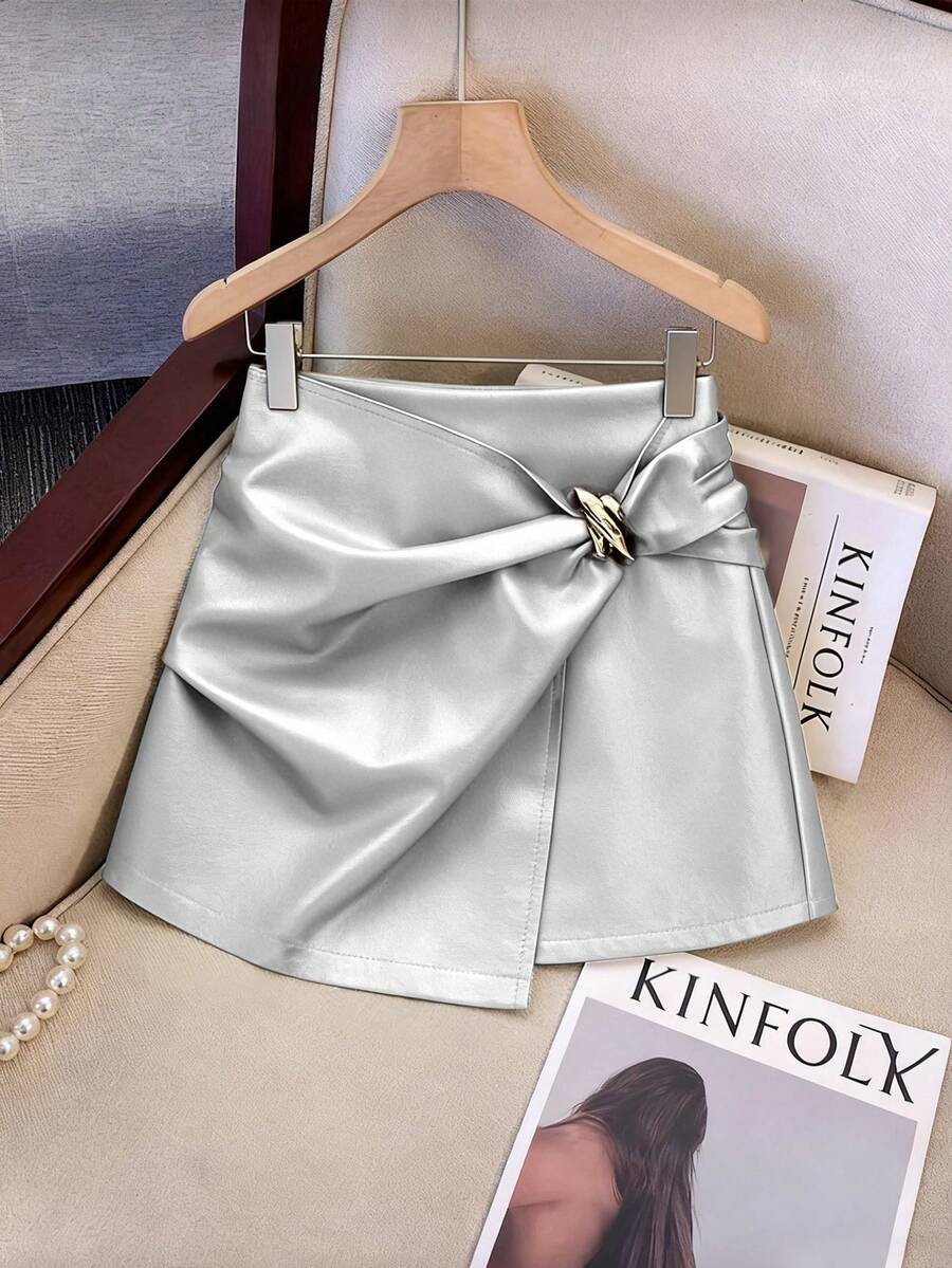 Franclia Women's Fashionable Elegant Party Versatile Asymmetric Metal Buckle Decor Leather Skirt - Silver - View 1