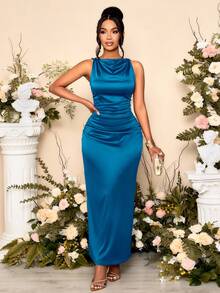 SOLERSUN Đầm dự tiệc không tay, màu trơn, thanh lịch, cổ xếp ly, dành cho nữ, hoàn hảo cho các buổi tiệc. - Màu xanh lam - Xem 5