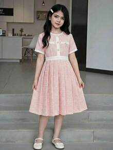 Elladie kids 1件少女夏季新款撞色滚边腰部半开领褶裥下摆圆领短袖连衣裙，百搭休闲优雅度假及工作装 - 粉色 - 查看 4