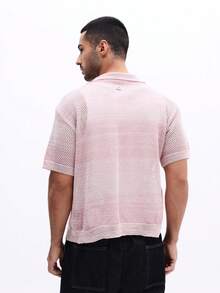 SUMWON Knitted Short Sleeve Polo Shirt With Button Front Collar Mesh Texture Summer Casual - Pink - View 6