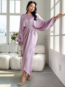 Modelyn Women's Solid Color Minimalist Elegant Long Sleeve Dress, Casual Everyday Wear Tea Party Lilac Purple Autumn - Lilac Purple - View 7