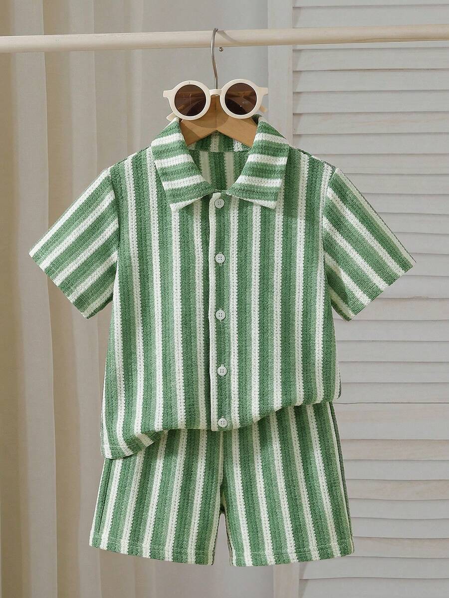 SHEIN Genkimix Kids 2pcs Young BoyTextured Stripe Knit Shirt And Shorts Set - Green - View 1