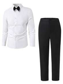 三件套青少年男士绅士套装 - 白色衬衫 + 黑色长裤 + 领结，绅士西装，商务优雅，适合学校、生日派对、休闲等场合，简约风格 - 彩色 - 查看 3