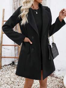 SHEIN Unity Women's Casual Solid Color Turndown Collar Double-Breasted Overcoat, Autumn/Winter Fall Cloth For Women - Black - View 3