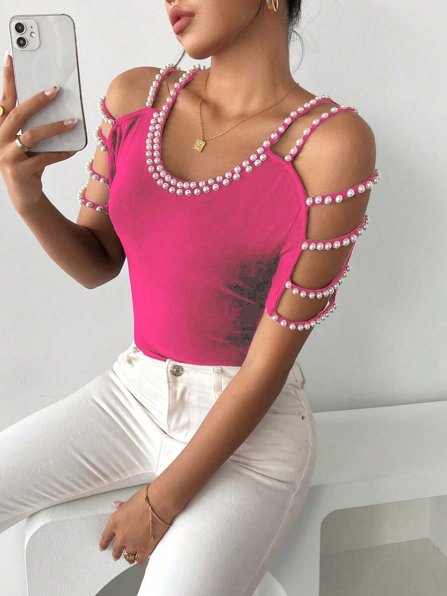 EMERY ROSE Camiseta ajustada de mujer con cuello redondo, tirantes con cuentas y diseño de cuentas aleatorio, nueva para primavera/verano - Rosa Fucsia - Ver 1