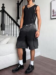 Manfinity EMRG 男士休闲街头风牛仔背带短裤 - 黑色 - 查看 5