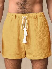 Manfinity VCAY 男士休闲梭织双层绉布中腰抽绳短裤，带腰带环 - 黃色 - 查看 5