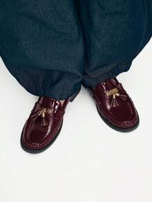 Mnmlis Women's Fashion Versatile Commuting Burgundy Flat Loafers, Retro British Style Fringe Flat Shoes - Burgundy - View 1