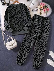 SHEIN 女士休闲豹纹圆领卫衣和慢跑裤套装，秋季 - 彩色 - 查看 2