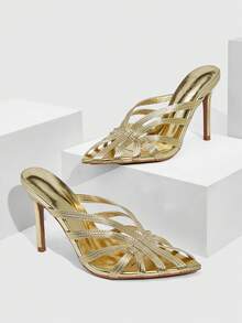 CUCCOO SZL Champagne Color Rhinestone Embellished Mesh High Heel Sandals Valentine's Day Spring Shoes Prom Heels Summer Shoes - Gold metal PU - View 2