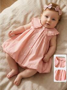 SHEIN Baby Girl Elegant Turndown Collar Sleeveless Puff Dress, Suitable For Summer Outings, Photo Shoots, Daily Wear, And School - Pink - View 8