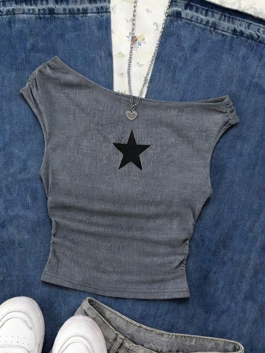 SHEIN Áo thun nữ tuổi teen dáng ôm thoải mái, vai lệch, in hình ngôi sao. - Màu xám đen - Xem 1