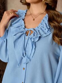 Roveilla 大码休闲荷叶边领系带前襟纽扣长袖宽松衬衫 - 藍色 - 查看 5