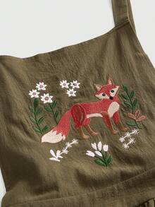 ROMWE Đầm cỡ lớn Fairycore Vintage thêu hình cáo phong cách đồng quê mộc mạc - xanh quân đội - Xem 3