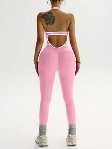 Gameset SHEIN Sport 女士露背吊带休闲日常瑜伽健身运动连体裤 - 粉色 - 查看 3