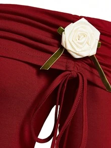 Elenzga Set de 2 piese pentru femei, mărime plus, elegant, cu top cu mânecă lungă, fără umeri, și fustă midi cu imprimeu floral - roșu - Vizualizare 7