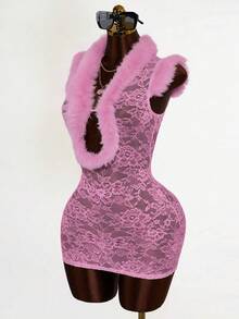 Mistrie Ärmlös sexig miniklänning i spets och mesh för kvinnor - Rosa - Visa 4