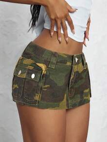 SHEIN ICON 女士迷彩口袋低腰牛仔迷你裙 - 彩色 - 查看 4