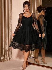 Cravure Đầm dài tay cổ chữ V ren dáng chữ A thanh lịch dành cho nữ cỡ lớn, thích hợp cho mùa thu. - màu đen - Xem 1