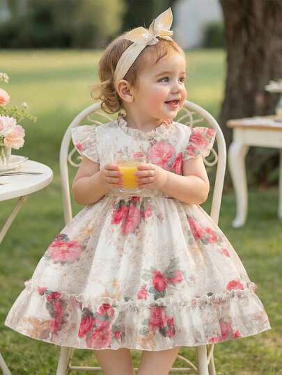 Souflis Souflis Toddler Girls' Rose Print Sleeveless Ruffled Dress, Elegant Floral Summer Dress With Back Zipper, Versatile For Casual Wear And Commute, Sweet And Cute Princess Style