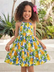 女童无袖柠檬印花连衣裙，度假风，时尚百搭，适合夏季海滩穿着 - 彩色 - 查看 1