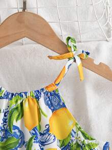 女童无袖柠檬印花连衣裙，度假风，时尚百搭，适合夏季海滩穿着 - 彩色 - 查看 5