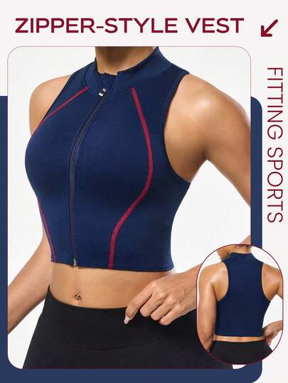 Seamluxe SHEIN Sport Top deportivo sin costuras con cremallera y rayas azul marino para mujer