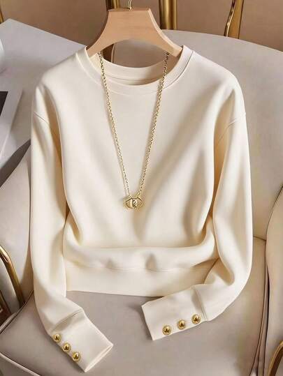 Airaco Plus Size Women's Solid Color Round Neck Casual Versatile Long Sleeve Pullover Sweatshirt