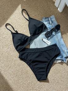 Swim Basics Summer Beach Rib Triangle High Waisted Bikini - Black - View 2