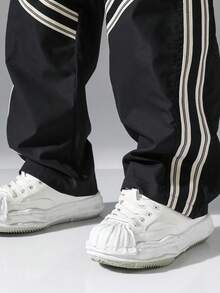 Manfinity Hypemode 男士条纹抽绳腰带口袋休闲直筒裤 - 黑色 - 查看 4