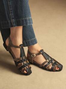 Rosivie 25 Spring/Summer New Hollow Woven Round Toe Retro Design Flat Women Shoes - Rust Brown - View 5