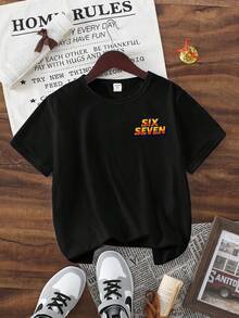 SHEIN GraphicGems 1件青少年男童休闲时尚创意个性化清新高端简约数字67卡通人物标语印花舒适基础款短款T恤，适合春、夏、秋季穿着。 - 黑色 - 查看 2