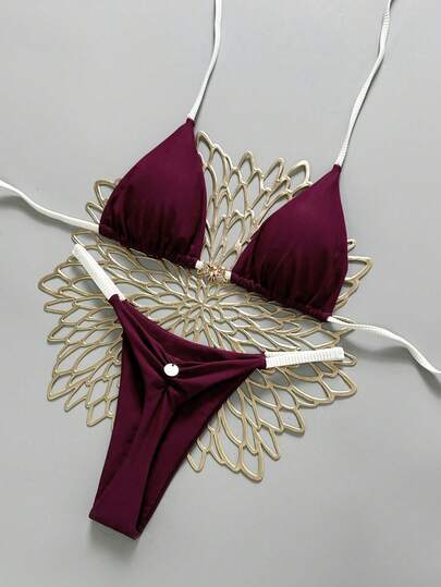 Swim Mod Women's New V-Neck Metal Decor Solid Color Halter Backless Triangle Bikini Set, Sexy Thong Swimsuit, Spring/Summer Valentine's Day Mardi Gras