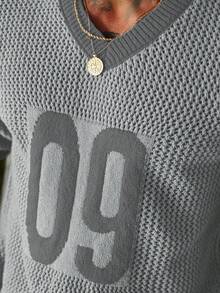 Manfinity Homme 男士休闲宽松针织套头衫，饰有数字图案，适合日常通勤和夏季穿着 - 灰色 - 查看 6