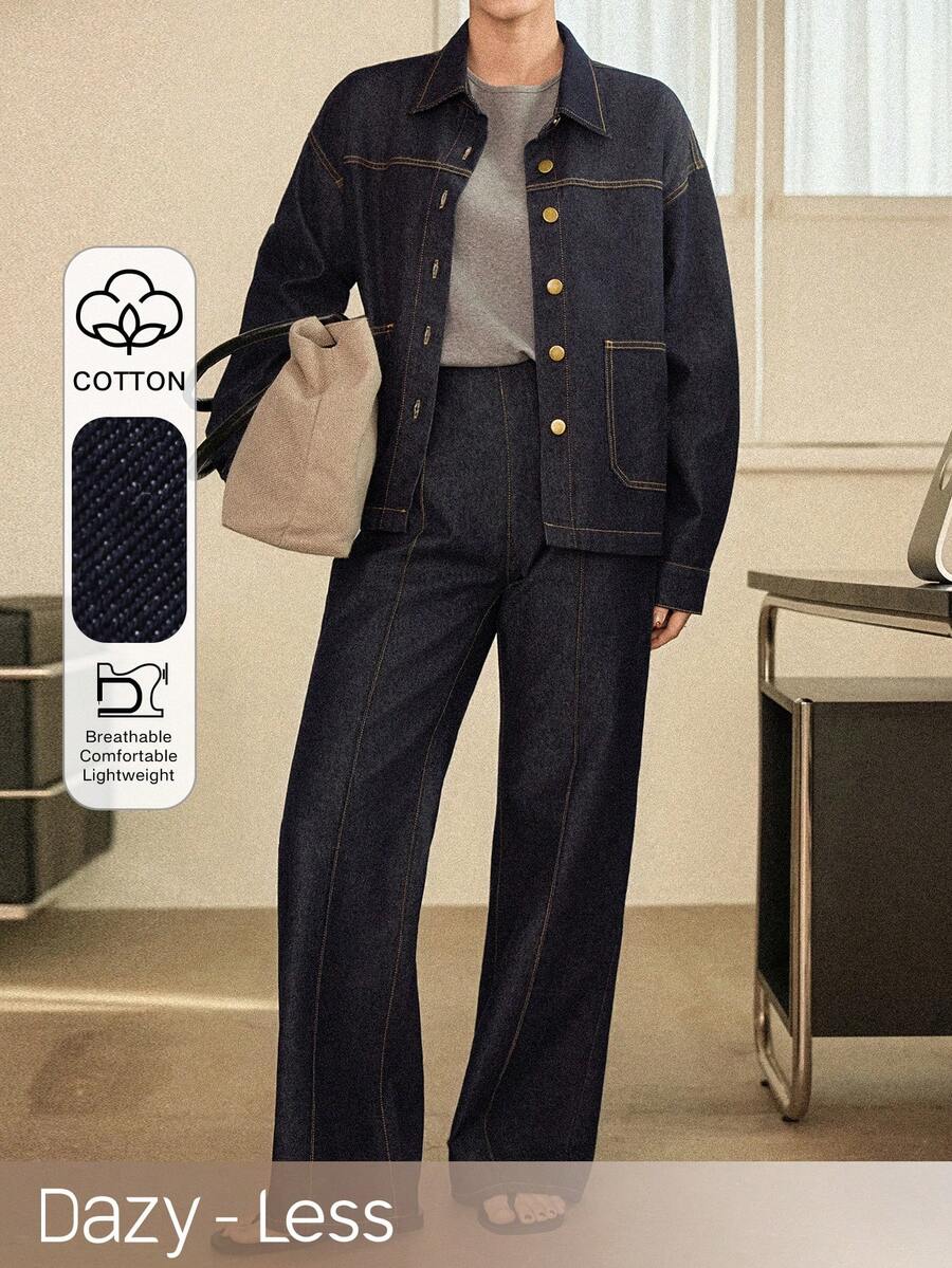 Dazy-Less Spring/Summer Romantic Design Loose Casual Commute Elegant Blue Shirt And Straight Leg Jeans Women 2-Piece Suit - Blue - View 1