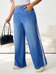 Solflare 大码女式休闲百搭日常宽松牛仔裤，春夏情人节嘉年华服装通勤度假毕业时尚Y2K可爱街头风派对婚礼优雅商务休闲女式舒适大码女式牛仔裤高腰阔腿牛仔裤，侧边饰有运动条纹 - 藍色 - 查看 4