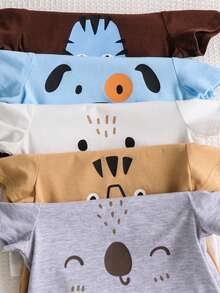 5件套男女宝宝休闲卡通熊狗动物印花柔软针织圆领短袖T恤，粉彩色系，适合春夏穿着，室内外皆可。 - 彩色 - 查看 3