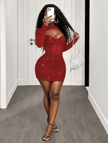 BamGleam Đầm dài tay bằng vải lưới đính sequin và gọng thép dành cho nữ, thích hợp cho mùa Thu/Đông. - Đỏ - Xem 6