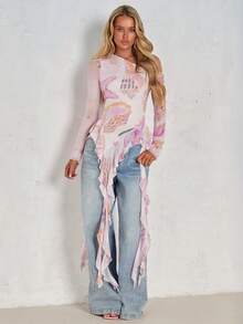 SHEIN Glamour Asymmetric Jellyfish Ruffle Hem Oblique Shoulder Long Sleeve Ocean Element Print Stretchy Mesh Fitted Women T-Shirt, Suitable For Beach, Seaside Outfit In Spring/Summer Boho Clothes Women Tassel Outfit Boho Feels Women Outfit - Multicolor - View 5