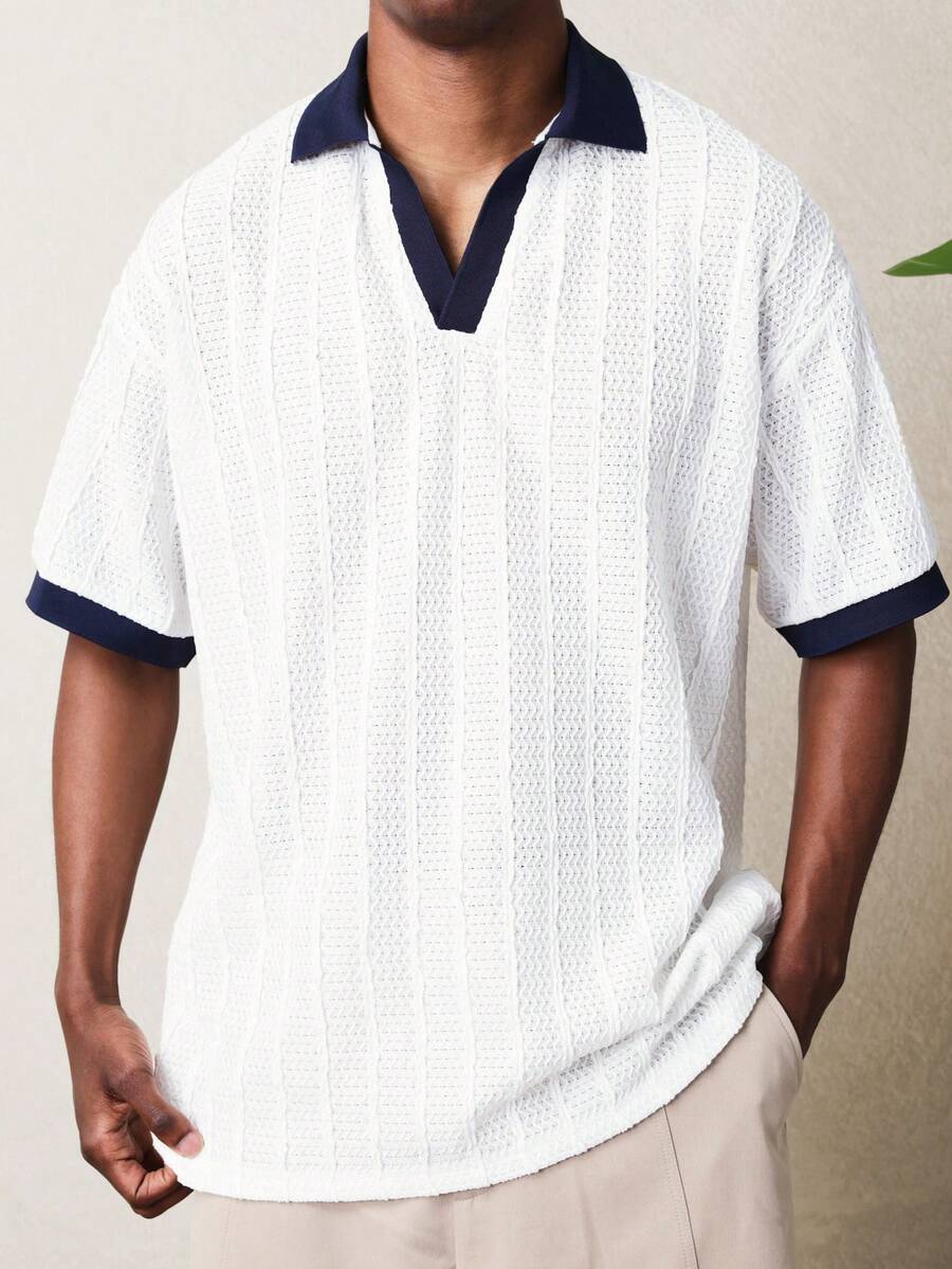 SUMWON Men's Collared Polo Shirt With Contrast Navy Trim Short Sleeve Textured Henley Style Summer Casual Top - White - View 1