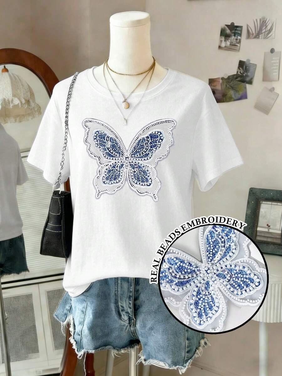 Lalippa Women's Casual Commuter Short Sleeve White T-Shirt With Faux Pearl Studded Contrast Butterfly Pattern, Summer - White - View 1