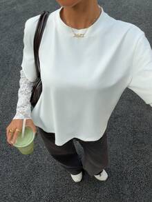 Muchica Women's White Knit Waist Design Contrast Lace 2 In 1 T-Shirt For Going Out Outfits, Streetwear, Y2K Clothes, White Top With Lace Sleeves - White - View 4