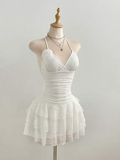 Elamini Women's Casual Sweet Cute Date Party Holiday Fashion Everyday Versatile Lace Fabric 3D Floral Decor Multi-Layer Ruffle Waist Tie Bow Neck Tie White Mini Dress