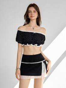 Ardnt Áo croptop trễ vai tay phồng chấm bi kiểu Pháp thanh lịch, viền bèo nhún, kiểu dáng gợi cảm, thời trang mùa hè mới dành cho nữ. - Đen và trắng - Xem 4