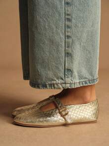 Rosivie 女士平底鞋，金色编织玛丽珍平底鞋，皮革软底复古圆头单扣夏季透气鞋 - 玫瑰金 - 查看 3