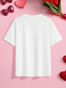 Manfinity Homme Men's Valentine's Day Love Finger Print Round Neck Short Sleeve T-Shirt, Valentine's Day Gift, Casual Minimalist Valentine's Day Tee - White - View 3