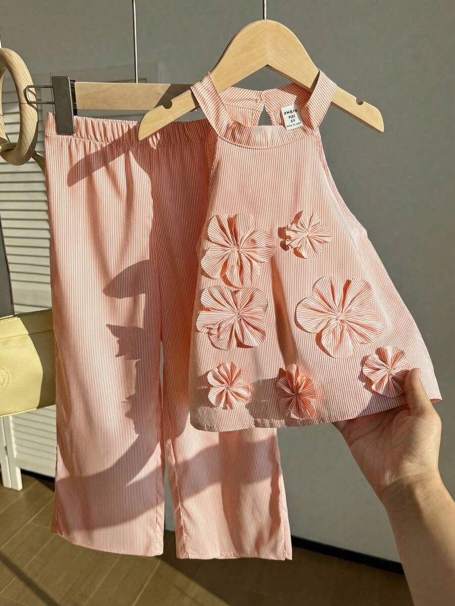 SHEIN 女童夏季休闲度假条纹印花贴花吊带上衣和阔腿裤套装 - 橘色 - 查看 1